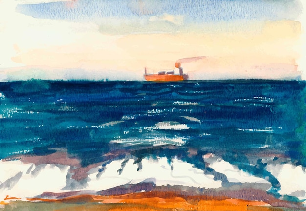 Ship on the horizon watercolor seascape