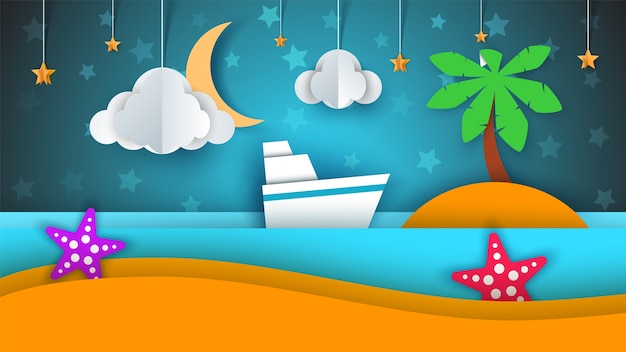 Ship, paper landscape, sea, cloud, star cartoon illustration.