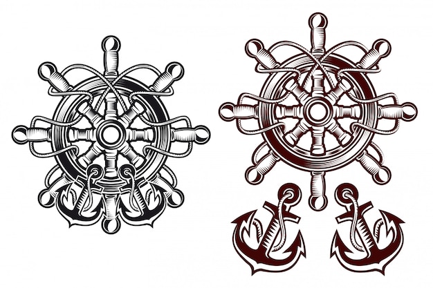 Ship steering wheel for heraldic design with anchors