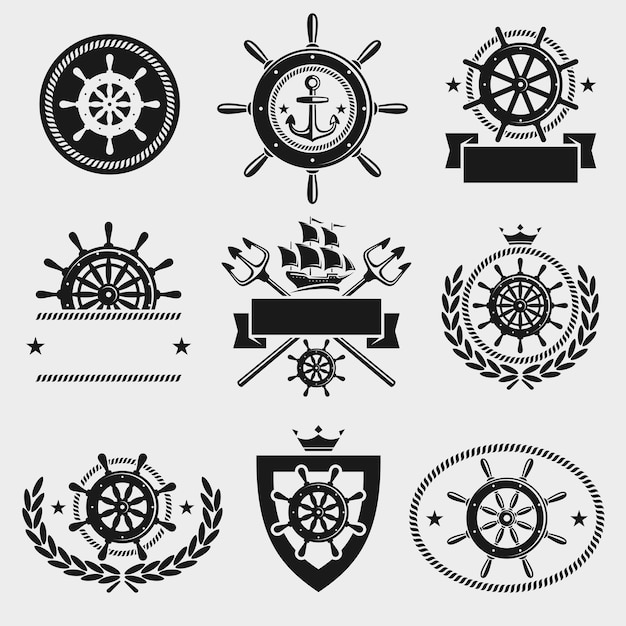 Vector ship steering wheel label and element set vector