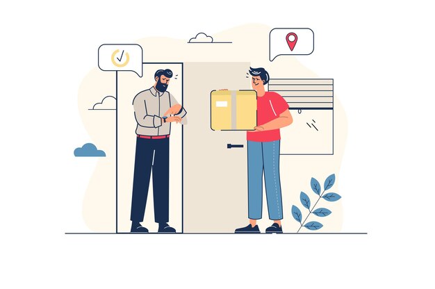 Shipping concept in flat line design with people scene Man works as courier in delivery service