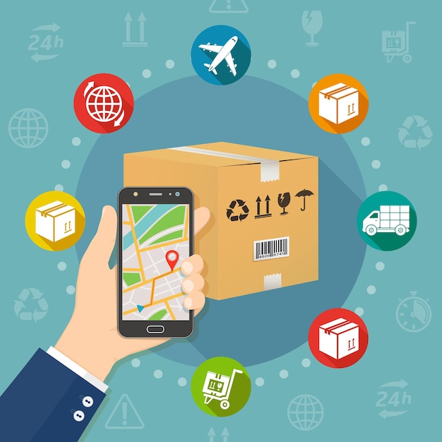 Shipping parcel gps tracking order flat design illustration