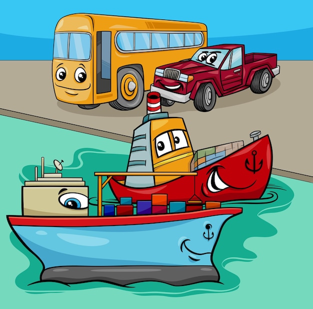 Ships and land vehicles group cartoon illustration