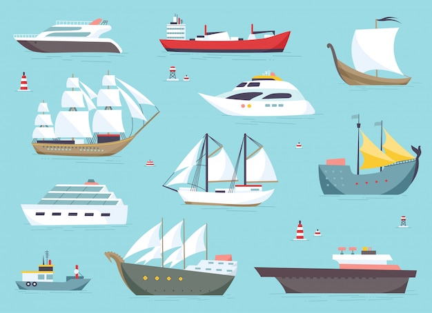 Ships at sea, shipping boats, ocean transport set.