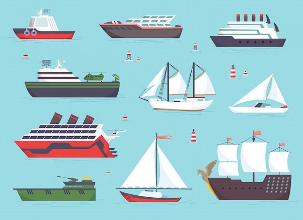 Ships at sea, shipping boats, ocean transport set