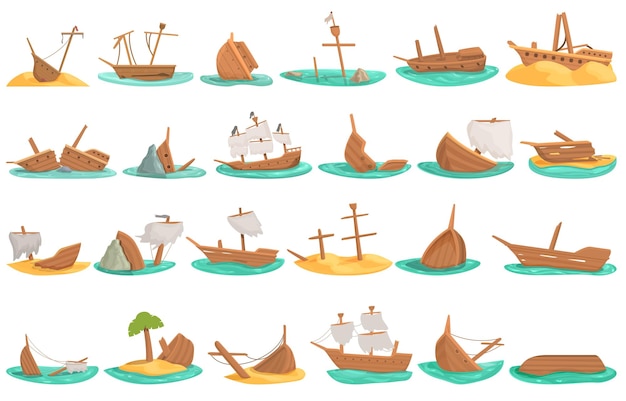 Shipwreck icons set cartoon vector Sea island