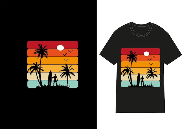 a shirt with a sun on it and palm trees on the front