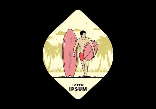 The shirtless man holding surfboard illustration