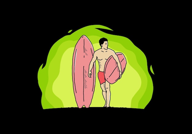 The shirtless man holding surfboard illustration