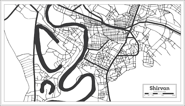 Shirvan Azerbaijan City Map in Black and White Color in Retro Style Isolated on White