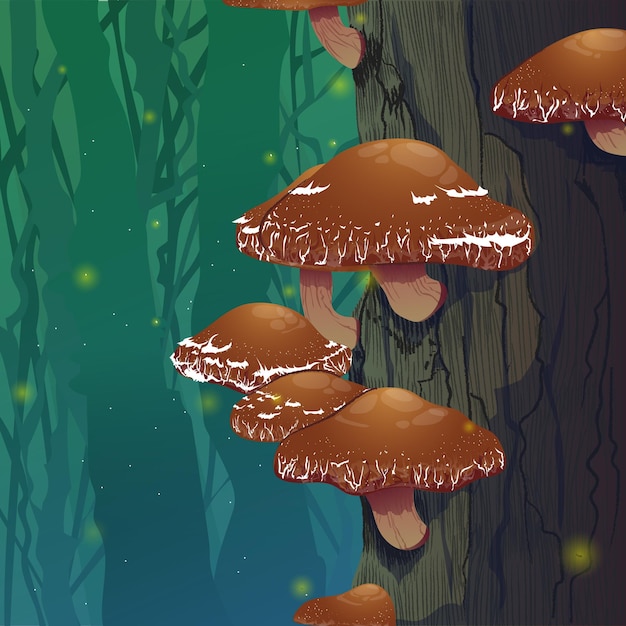 shitake mushrooms in the woods vector illustration