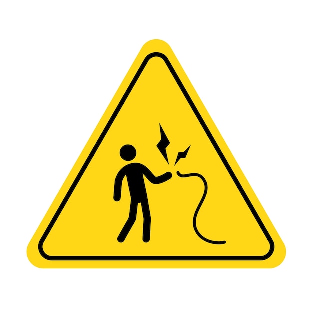 Shock danger icon Voltage shock caution sign with electric lightning pictogram man Warning danger yellow triangle sign