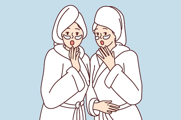 Shocked women dressed in white shower robes with towels on wet hair opening mouths Vector image