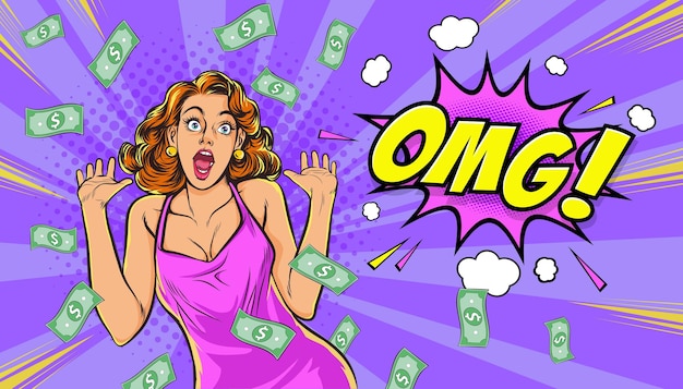 Shocking woman hand up OMG surprised with Falling Down Money in the pop art comics style