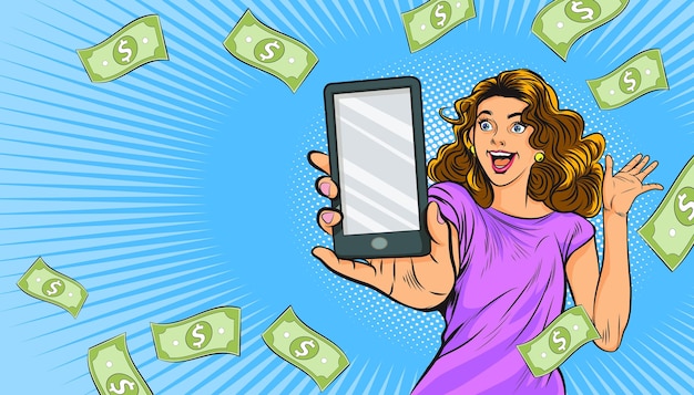 Shocking woman show smartphone surprised with Falling Down Money Pop art retro comic style