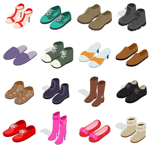 Shoe icons set in isometric 3d style. Men and women shoes set collection vector illustration