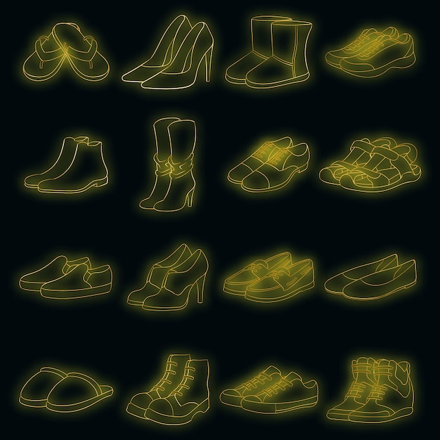 Shoe icons set in neon style. Men and women shoes set collection vector illustration