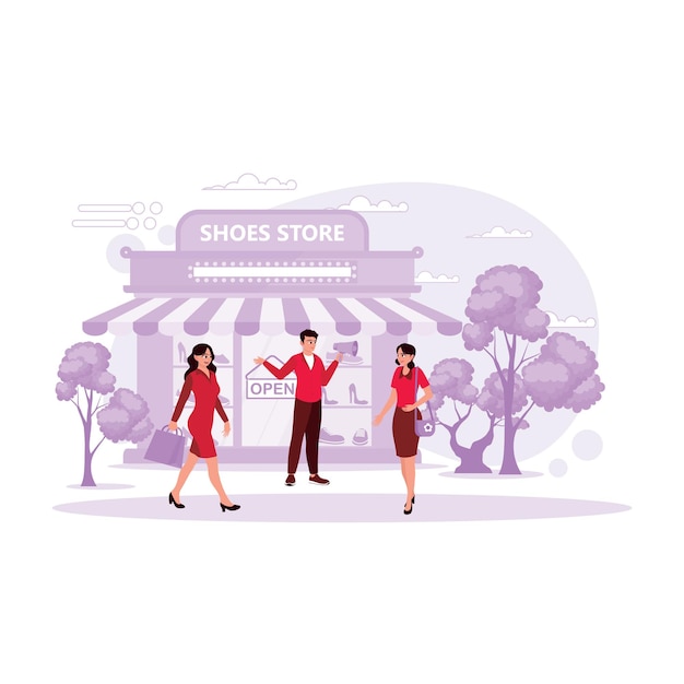 Shoe shop with a male salesperson and two smiling female customers Trend Modern vector flat