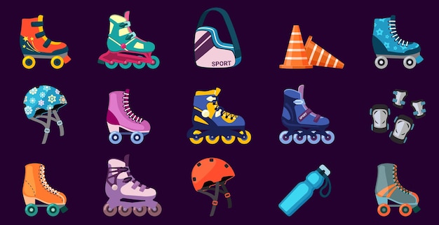 Shoes and equipment for roller skating set. Safety helmet and knee pads active fun fitness with skating jogging wheeled boots extreme leisure from 80s and 90s vintage style. Vector fun.