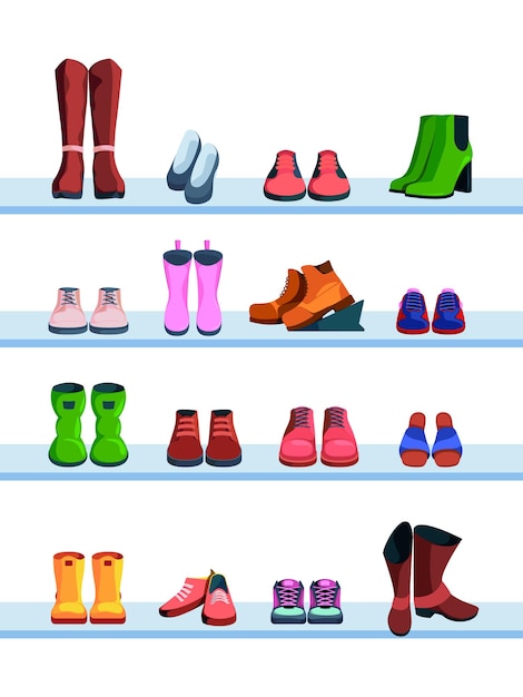 Shoes on shelves Footwear glamour trendy shoes for man and women colored boots sport sneakers garish vector flat pictures set