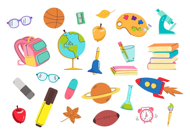 Shool objects for studying Hand drawn flat cartoon elements Vector illustration