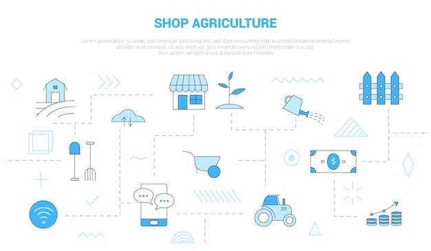 Shop agriculture concept with scattered and interconnected icons with blue color