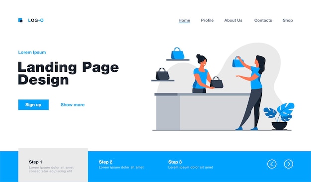 Shop assistant helping female customer to choose bag landing page template