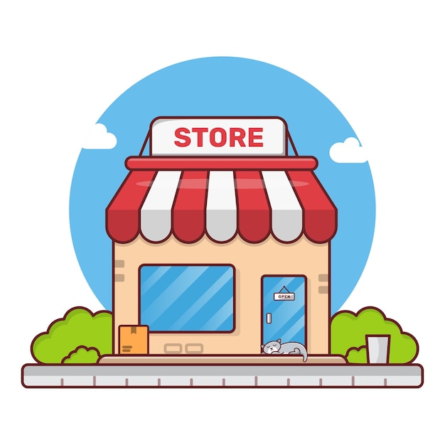 Shop Building with sleeping cat cartoon flat design illustration.