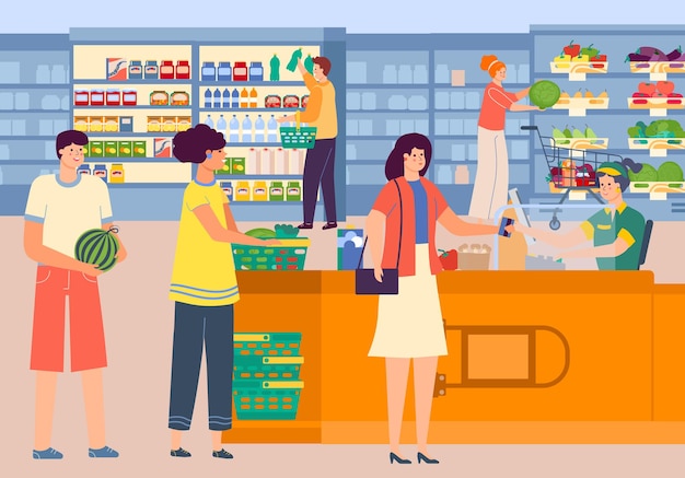 Shop cashier in grocery vector illustration flat man woman customer character buy food in supermarket make retail purchase in store