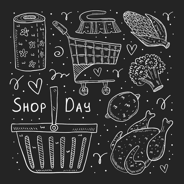 Shop day hand drawn doodle  illustration. Chalk drawings isolated on dark background. Trolley, chicken, broccoli, corn, bread, pack, bag, basket, paper.