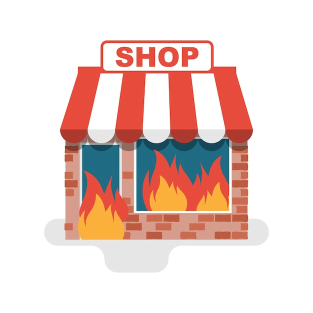 Shop in a fire. Burning store. Flame in store. Protesters concept. Broken windows and facades.