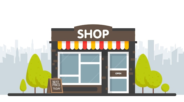  shop or market store front exterior facade,  illustration on sity space background.