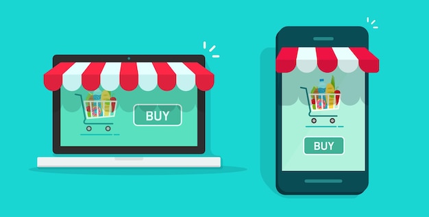 Shop online ecommerce on laptop computer or digital electronic internet store on mobile app cell