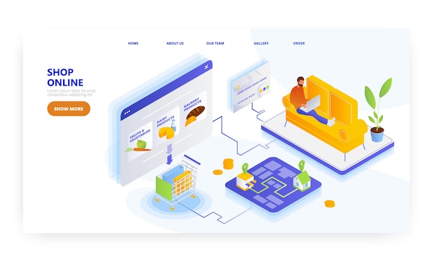 Shop online landing page design website banner vector template grocery shopping online food order de
