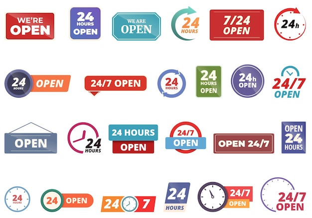 Shop opening hours icons set cartoon vector Store time