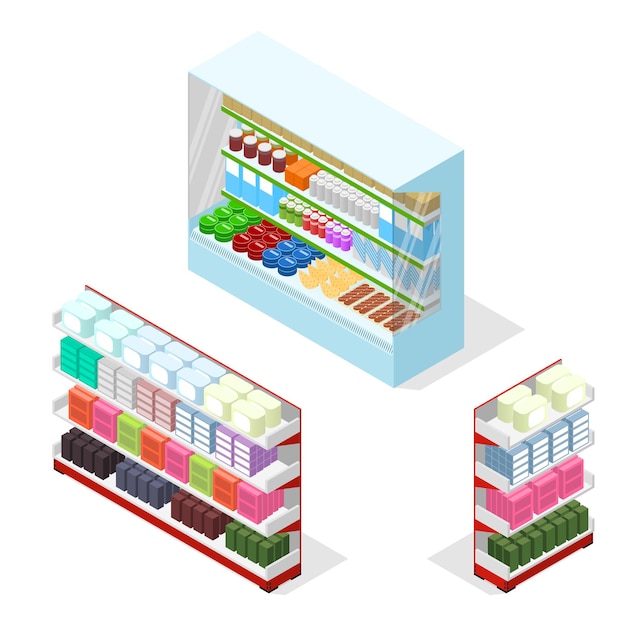 Shop or Supermarket Shelves with Products Set Isometric View.