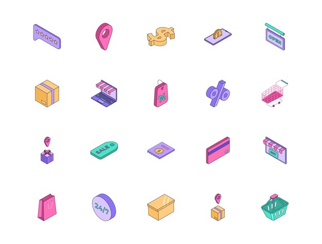 Shoping icon isometric set Modern 3d icon style Online shopping cncept Web mobile app infographics icon set Card shopper bag credit card money and gift box shop collection Vector illustration