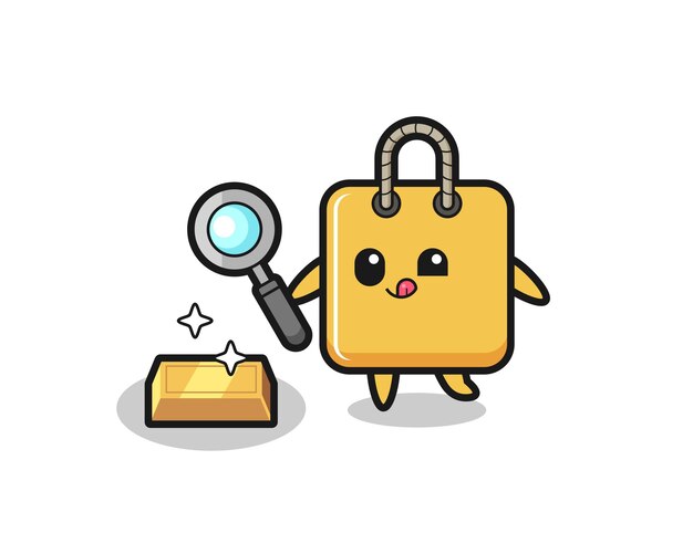 Shopping bag character is checking the authenticity of the gold bullion