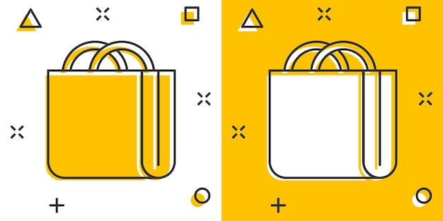 Shopping bag icon in comic style Handbag cartoon sign vector illustration on white isolated background Package splash effect business concept