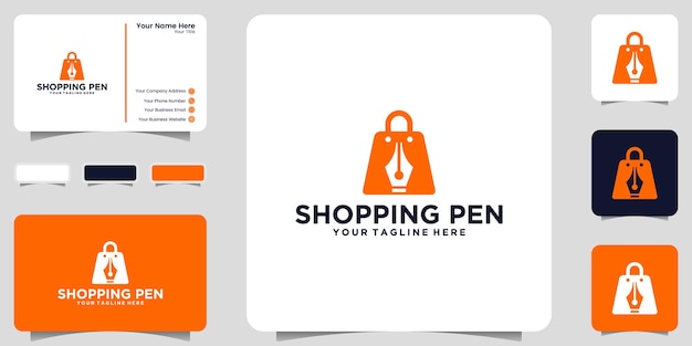 Shopping bag logo and negative space pen icon and business card design