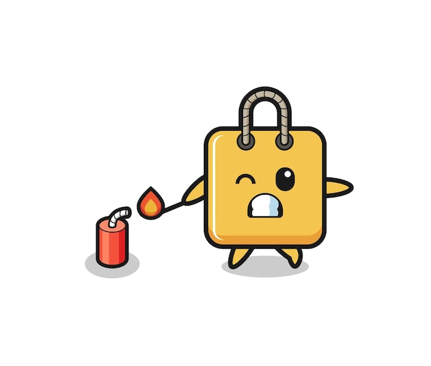 Shopping bag mascot illustration playing firecracker