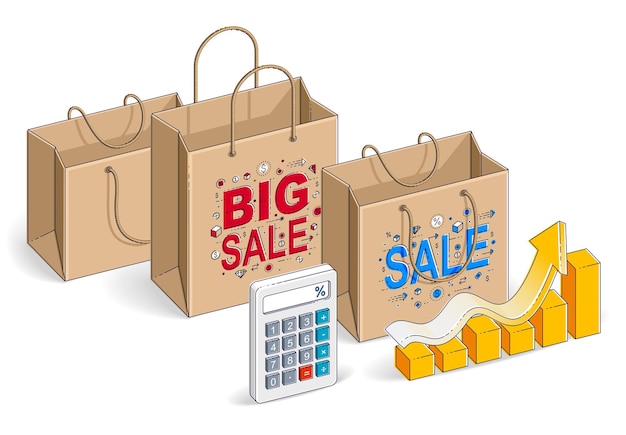 Shopping bag with calculator and growth chart stats, big sale, sellout, retail, Black Friday discount, eco paper bag isolated on white background. Vector 3d isometric illustration.