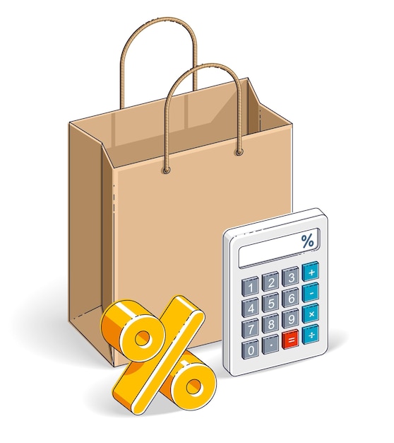 Shopping bag with calculator and percent symbol, big sale, sellout, retail, Black Friday discount, eco paper bag isolated on white background. Vector 3d isometric illustration, thin line design.