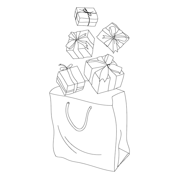 Shopping bag with gift boxes line drawing isolated on white background.Vector illustration