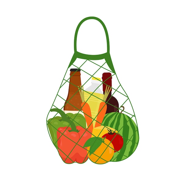 Shopping bag with groceries. Eco bag. Flat vector illustration