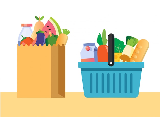 Shopping bags and baskets flat  illustrations set. Grocery purchases, paper and plastic packages with products. Natural food, organic fruits and vegetable. Department store goods.