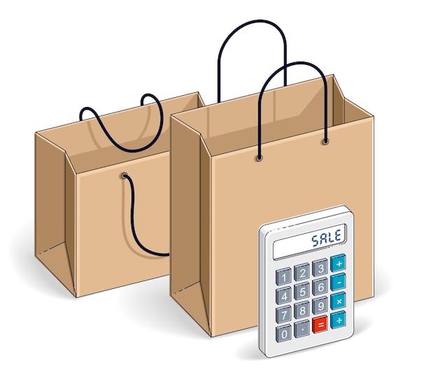 Shopping bags with calculator, big sale, sellout, retail, Black Friday discount, eco paper bag isolated on white background. Vector 3d isometric illustration, thin line design.