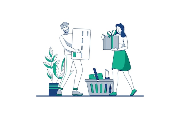 Shopping blue outline concept with people scene in the flat cartoon style husband pays