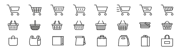 Shopping cart basket bag icon set Linear shop icon set