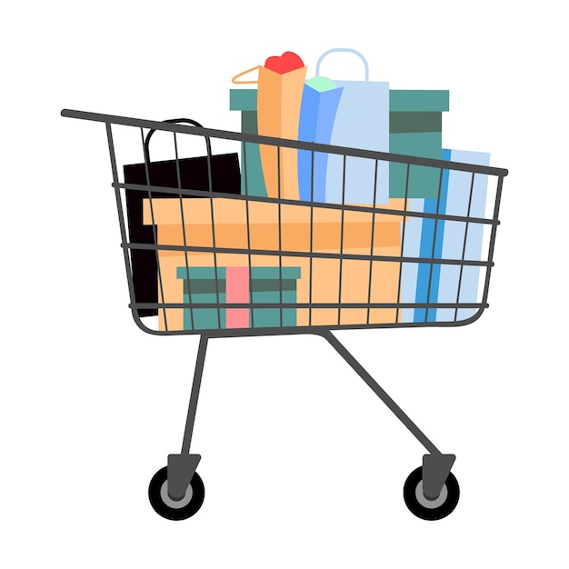 Shopping cart filled with boutique boxes semi flat color vector object